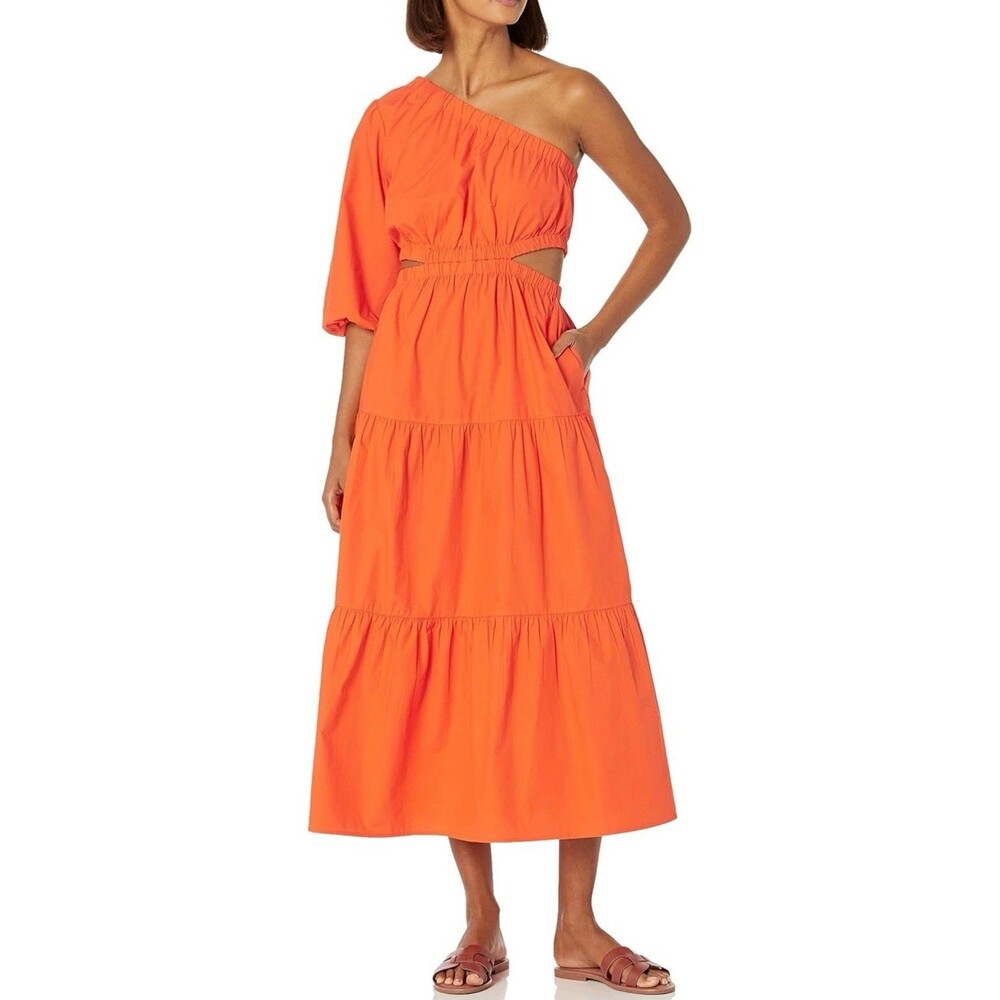The Drop Women's April One Shoulder Cut-Out Tiered Midi Dress Orange Size Small